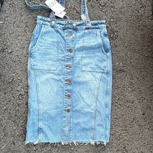 Zara Light Blue Denim Button-Front Pinafore Skirt